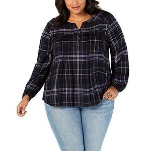 Plus Size Plaid Pleated Blouse Blue Marvel Plaid Black 0X